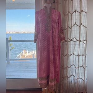 Pink Zari Embroidered Kurta Dress Gold Thread Formal Boho Luxe Tunic M